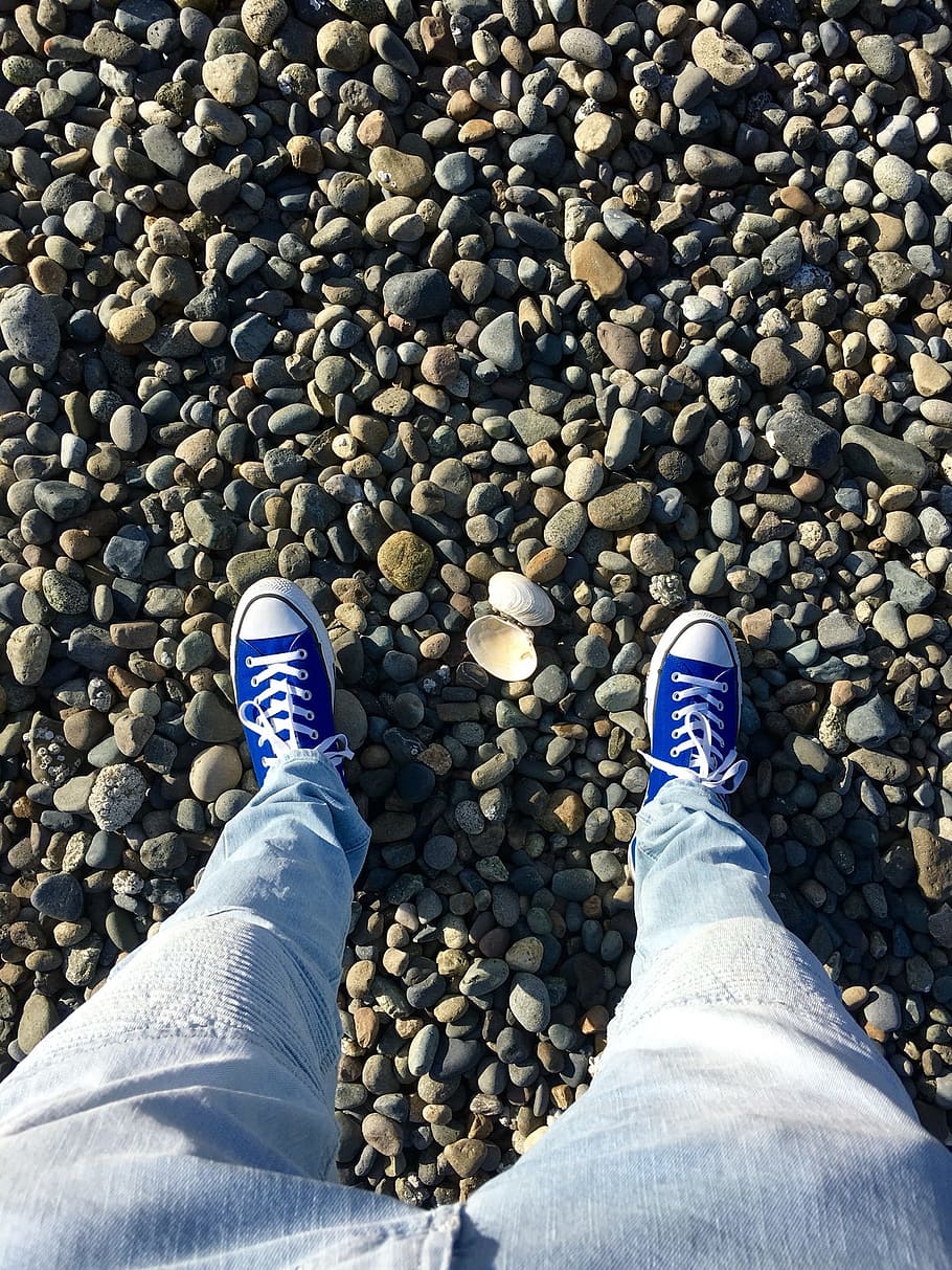rocks, stone, nature, pebbles, low section, human leg, personal perspective HD wallpaper