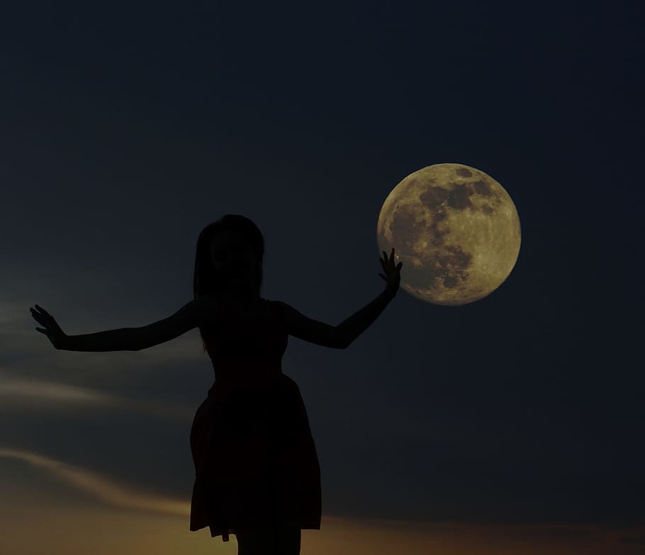 girl, full moon, play, shadows, night, sky, silhouette, one person HD wallp...