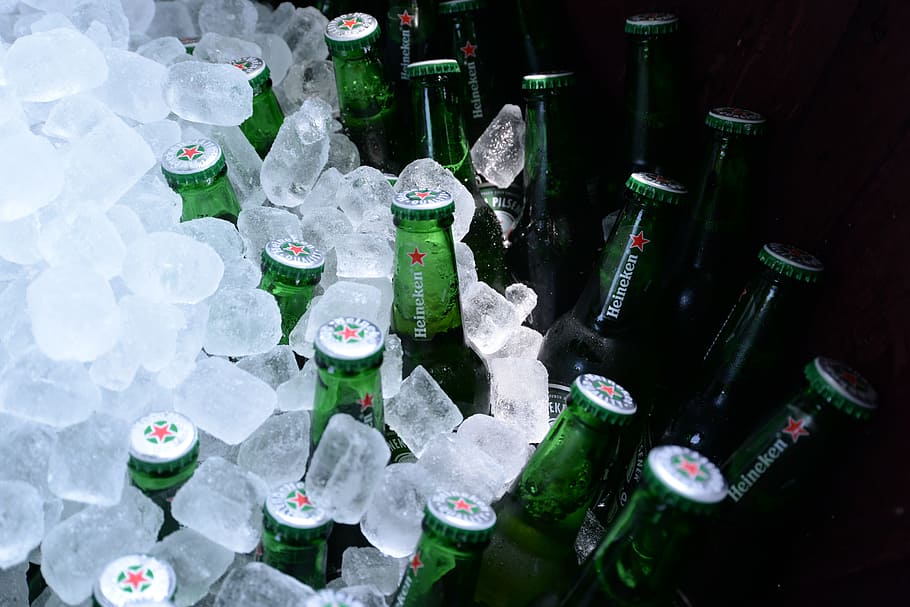 Heineken bottle filled with ice, bottles, beer, ice cubes, beer bottle HD wallpaper