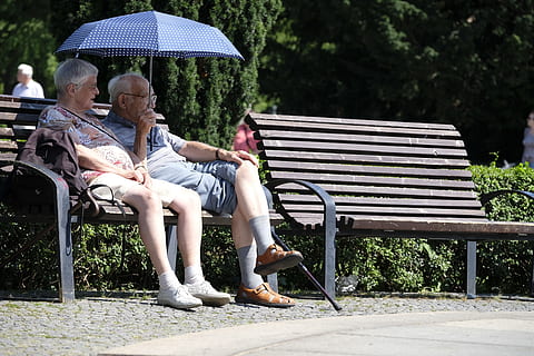 man and woman sitting on bench under umbrella, bank, park bench HD wallpaper