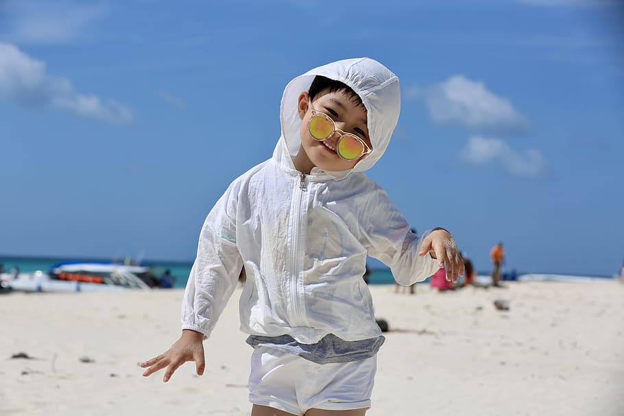 children, phi phi island, krabi, beach, sky, sand, three quarter length HD wallpaper