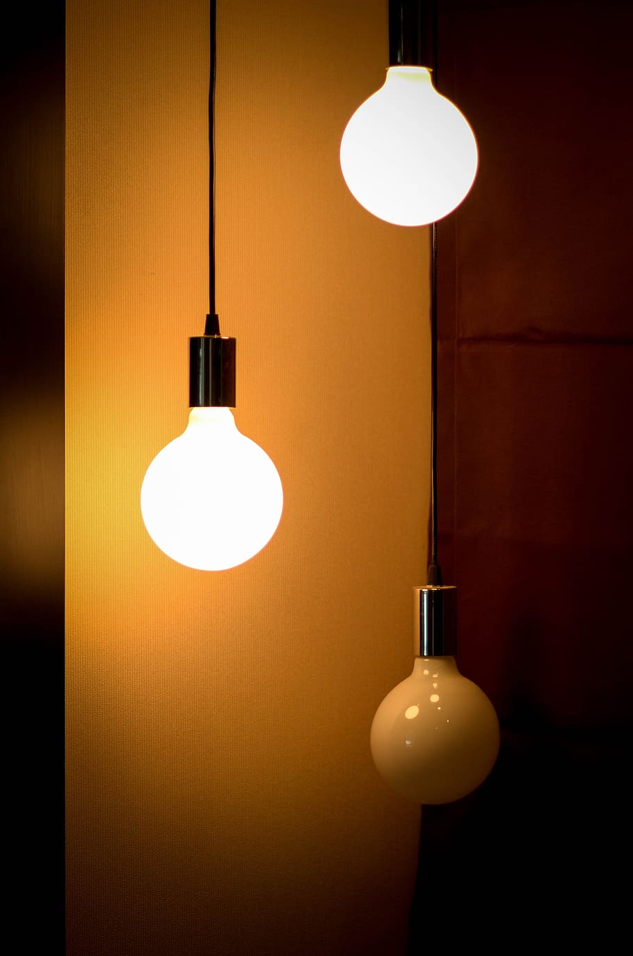 two turned-on pendant lamps, bulb, light, light bulb, idea, energy