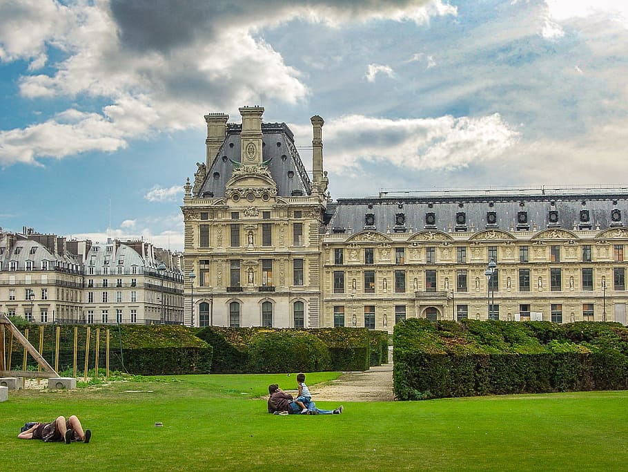 Louvre, Father, Son, Paris, France, garden, parisian, park, HD wallpaper