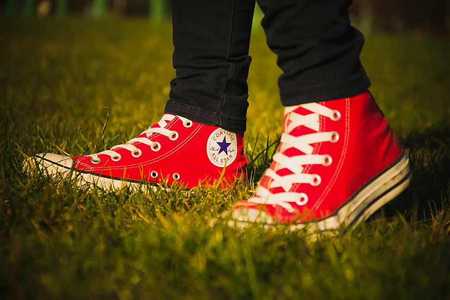 pair of red Converse All-Star high-top sneakers, all star, logo, HD wallpaper