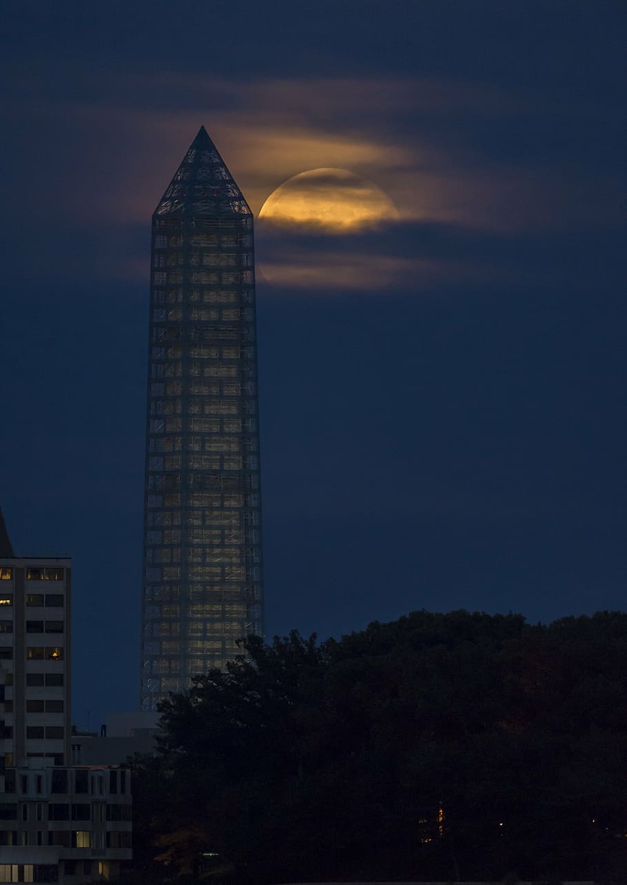 supermoon, full, perigee, night, washington monument, glowing HD wallpaper