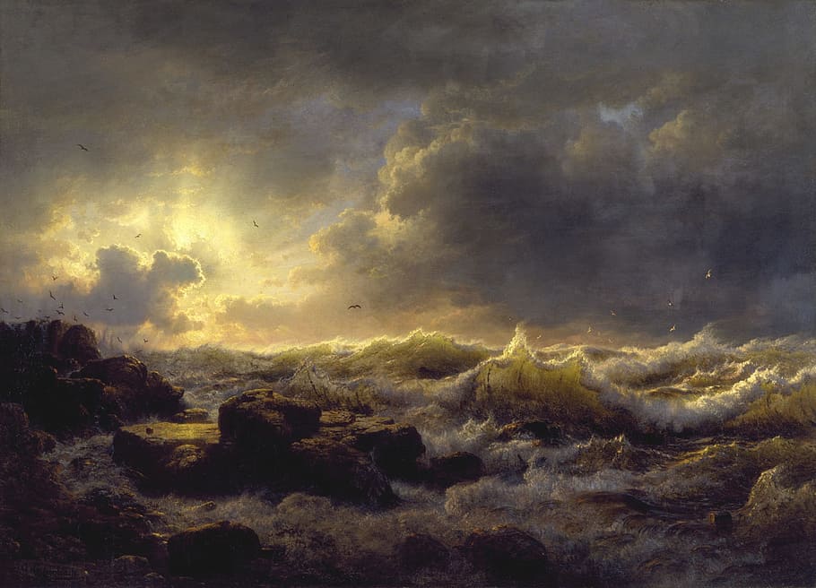 ocean wave painting, andreas achenbach, sea, water, storm, sky