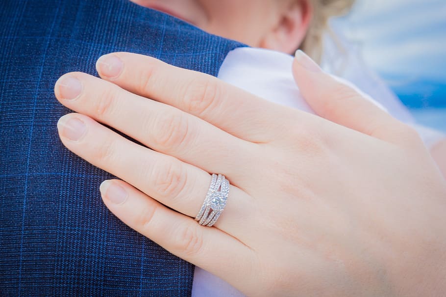 person wearing silver-colored ring, groom, wedding, bride, love HD wallpaper
