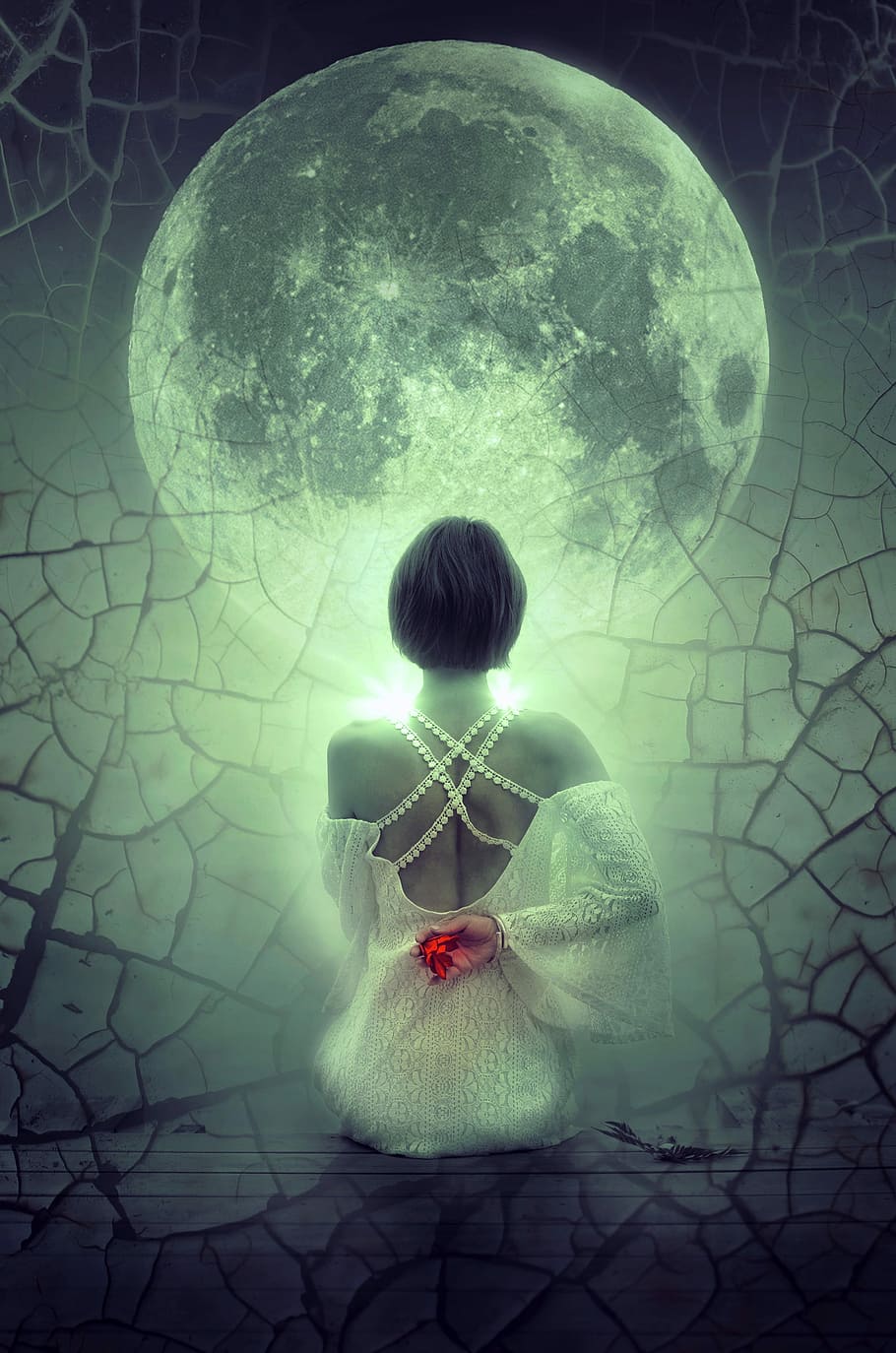 woman looking on moon digital wallpaper, fantasy, sit, mystical