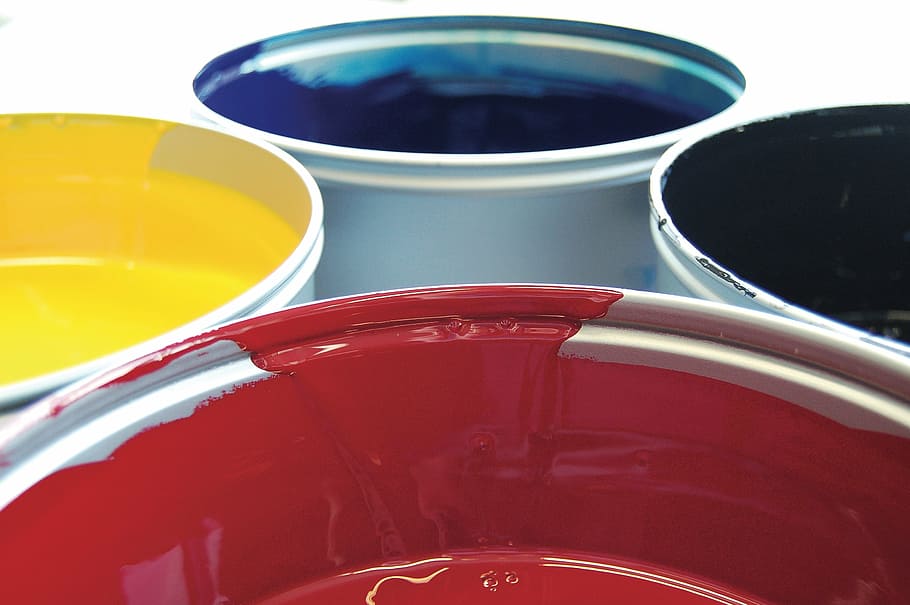 four assorted-color paint buckets, farbeimer, print, printing