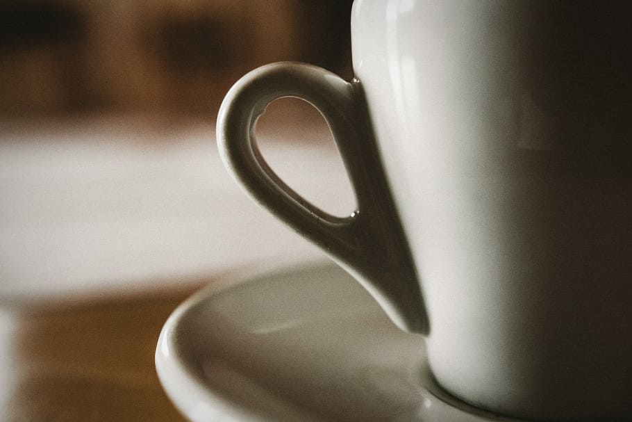 white ceramic mug and saucer, closeup photo of white ceramic cup on saucer HD wallpaper