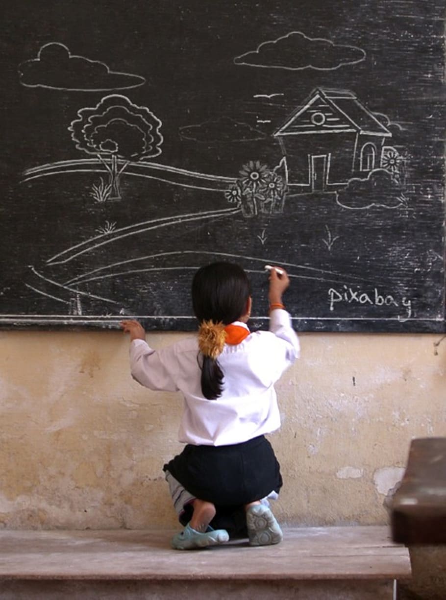 girl draw a house on chalkboard, blackboard, scenery, school