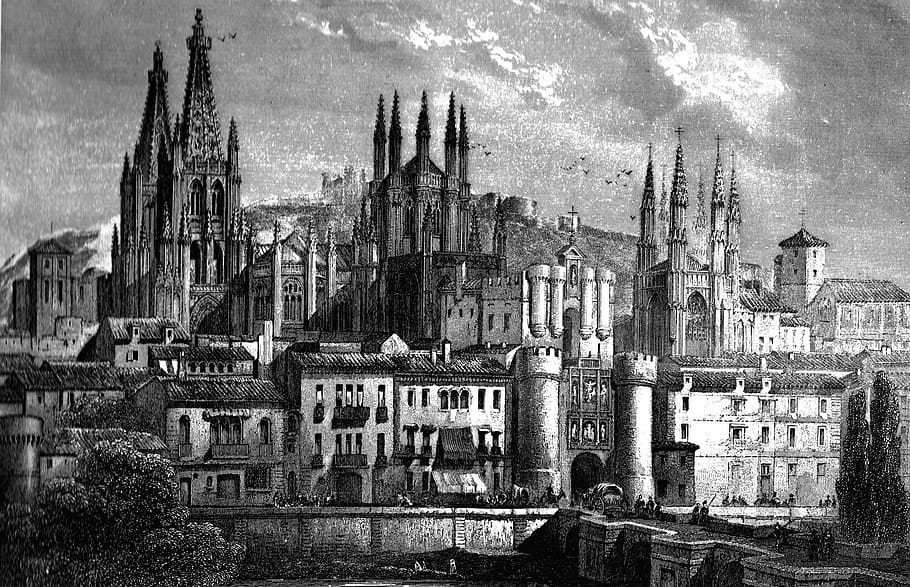 Burgos centre around 1850 in Spain, art, buildings, city, public domain