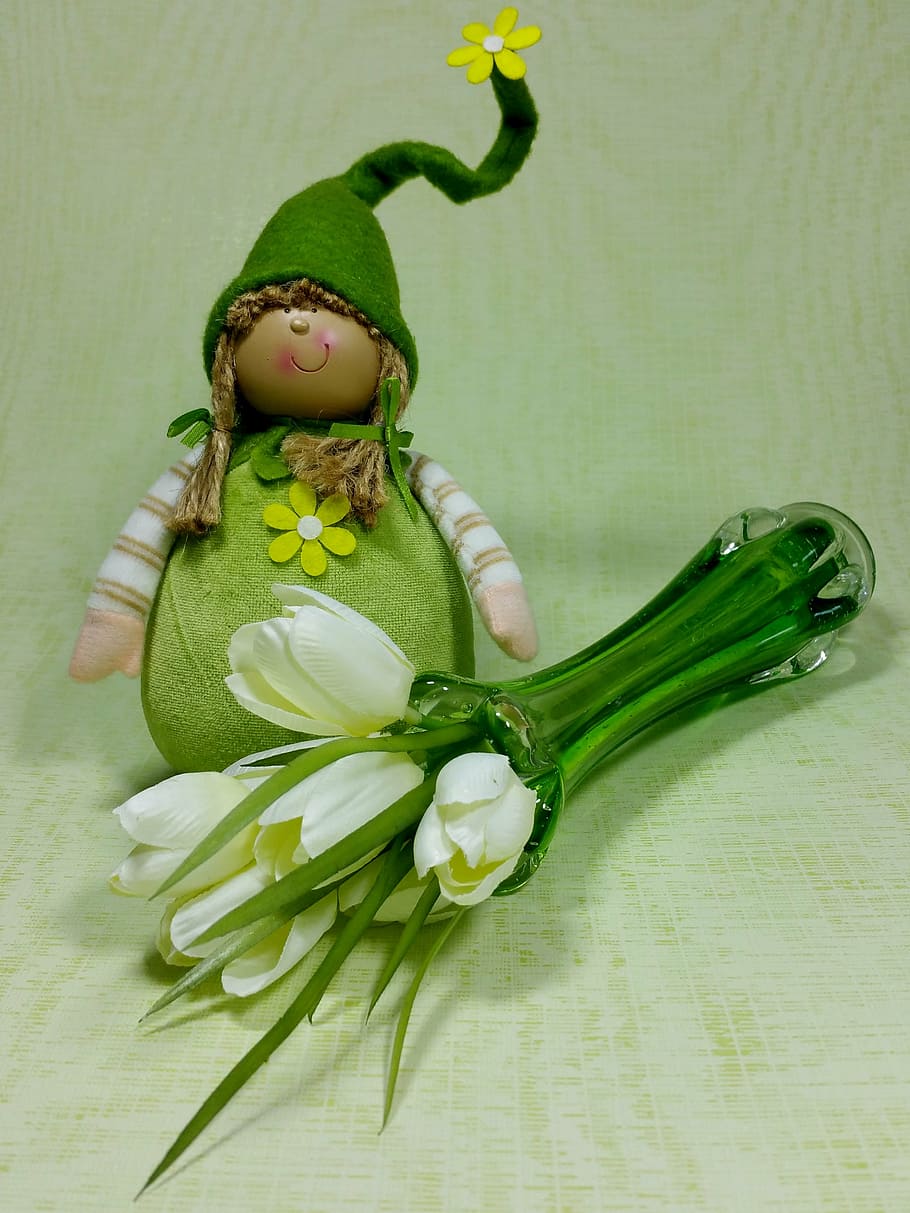 imp, spring, green, funny, tulips, vase, green color, indoors HD wallpaper