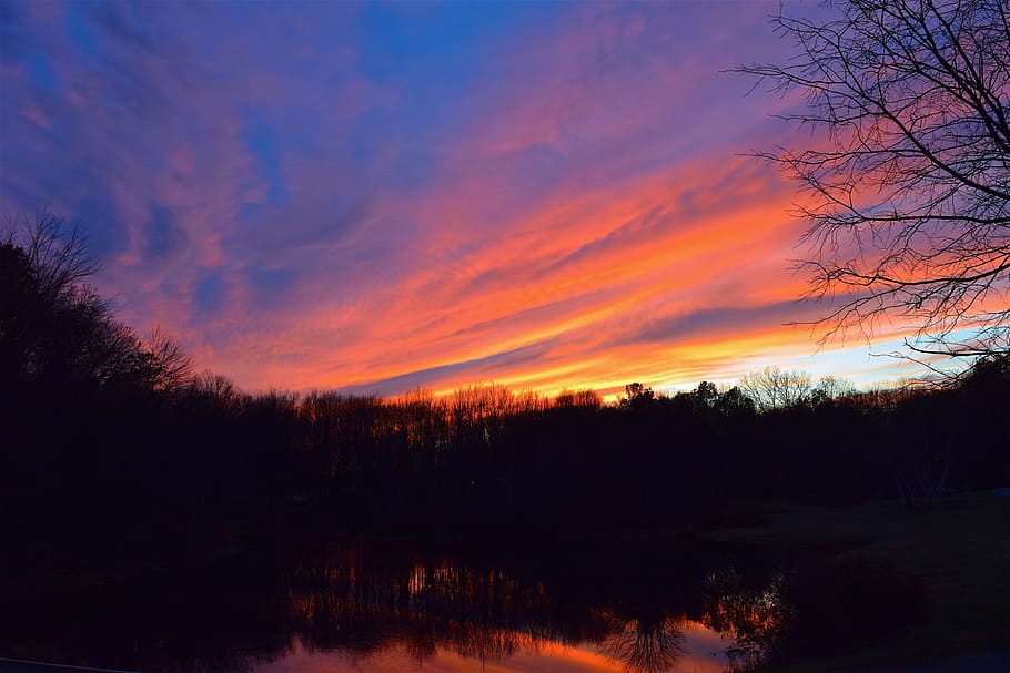 sunset, sky, silhouette, trees, clouds, dusk, nature, landscape HD wallpaper