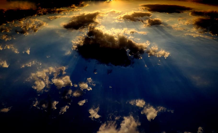 low angle view of clouds, sky, twilight, fluffy, blue, sun HD wallpaper