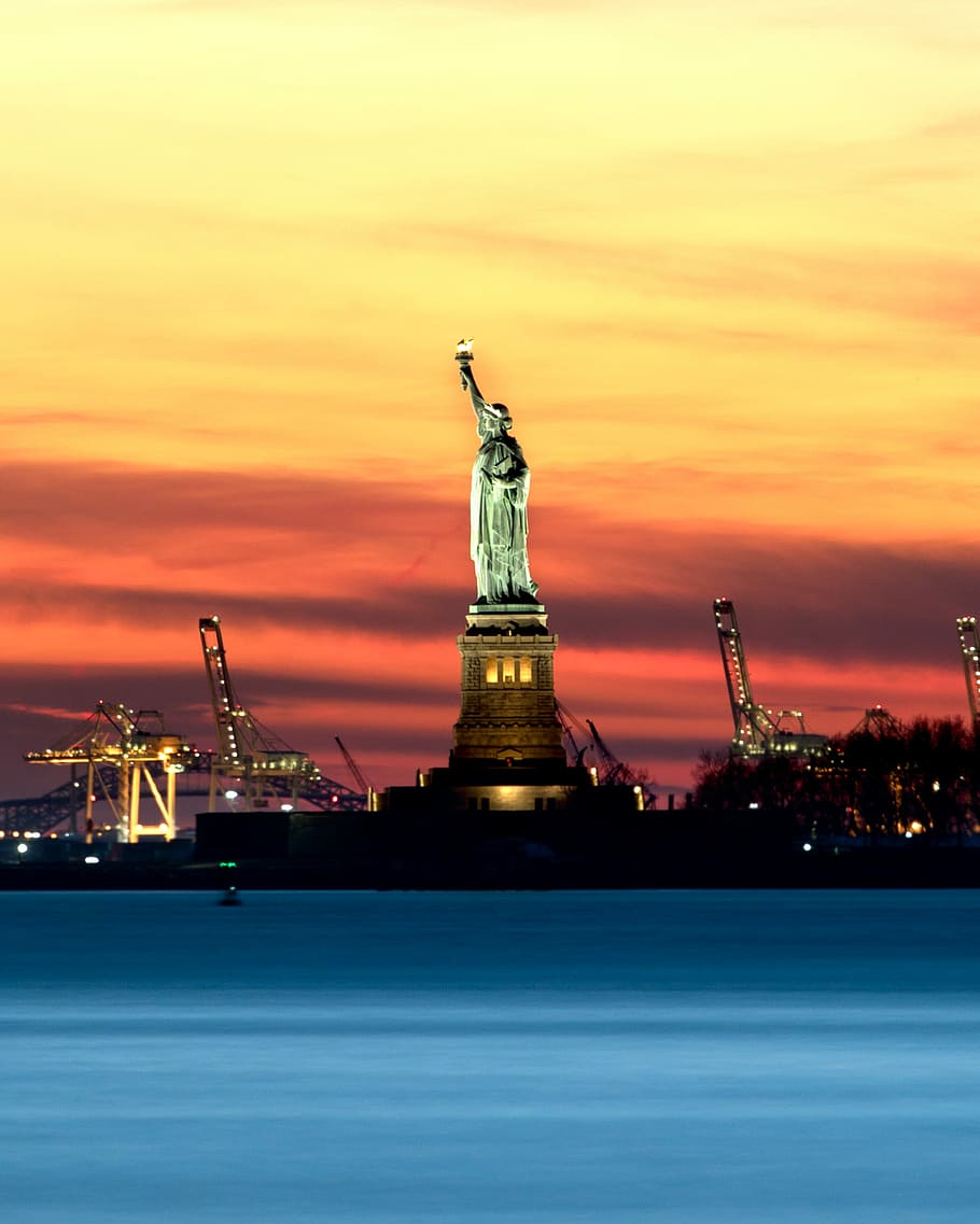 panorama Statue of Liberty during night time, Statue of Liberty, New York