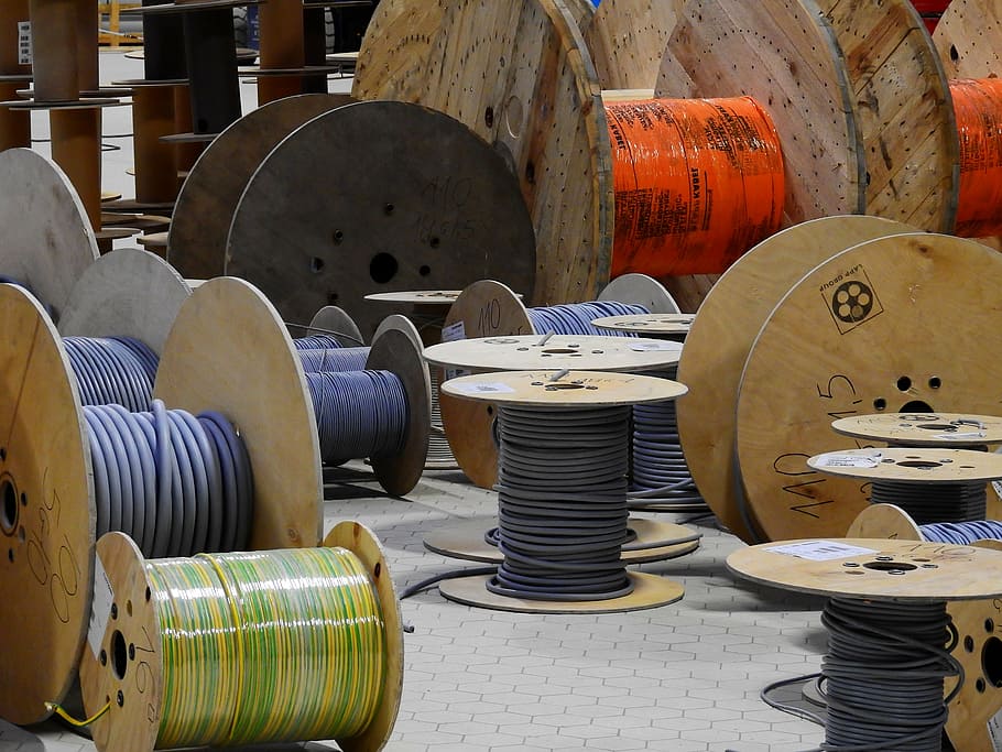 spool of wire lot, lines, cable, cable drum, current, power line