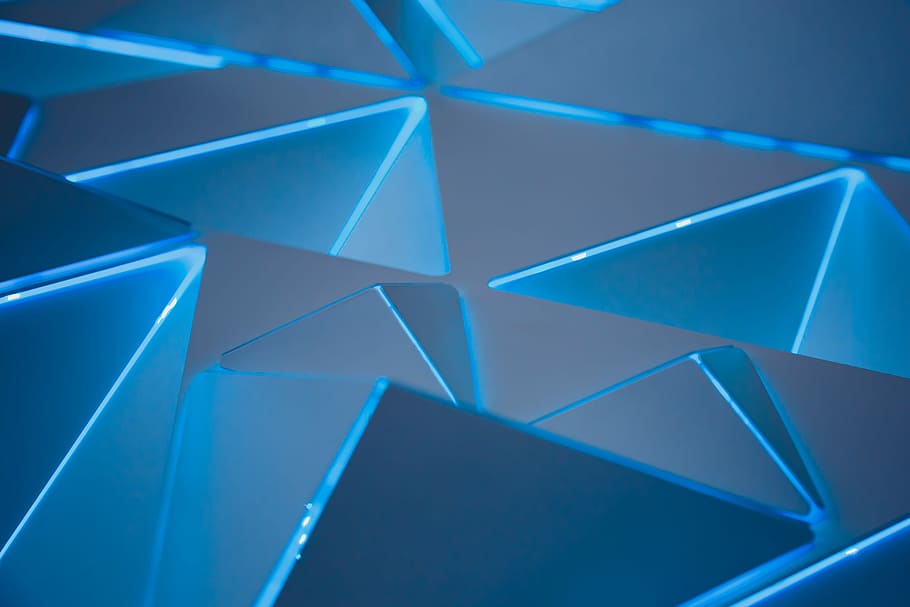 blue digital wallapaper, triangle, shape, geometry, pattern, abstract