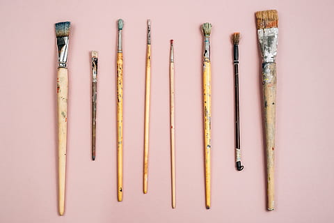 Paint brushes on pink background, objects, paintbrush, craft HD wallpaper