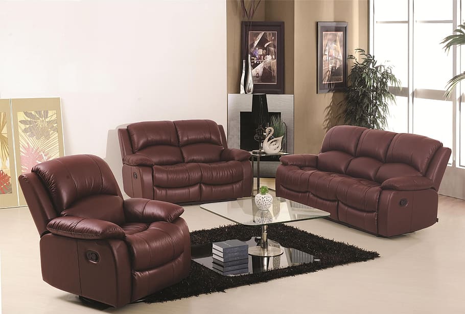 brown leather sectional couch on white flooring, sofa, three pc sofa, HD wallpaper