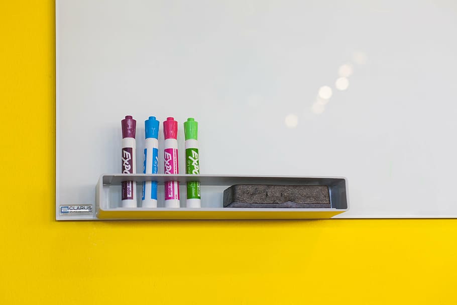 board, clean, markers, notes, sponge, whiteboard, yellow, indoors HD wallpaper