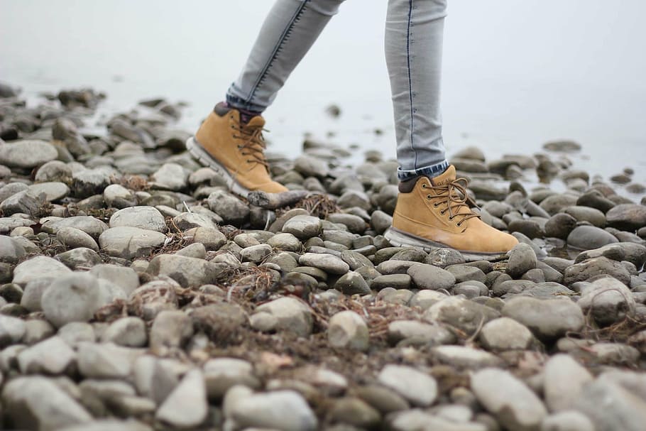 hiker, hiking, legs, rocks, shoes, shore, stones, walking, outdoors