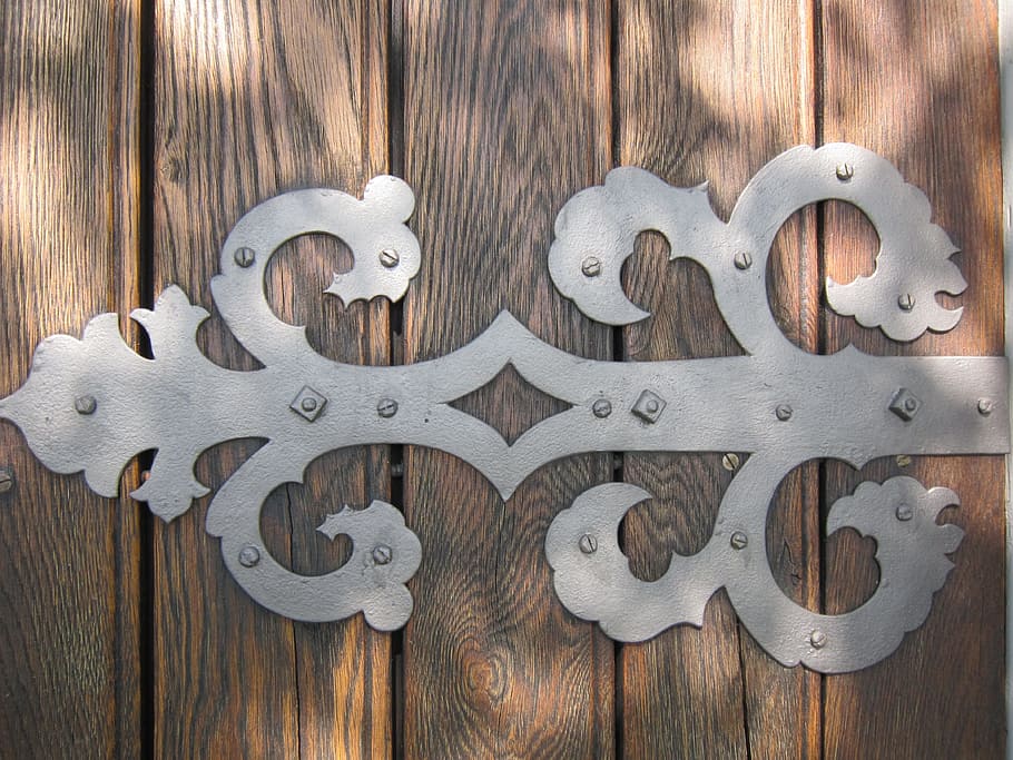 Fitting, Door, Wood, Metal, artfully, close, ornament, front door HD wallpaper