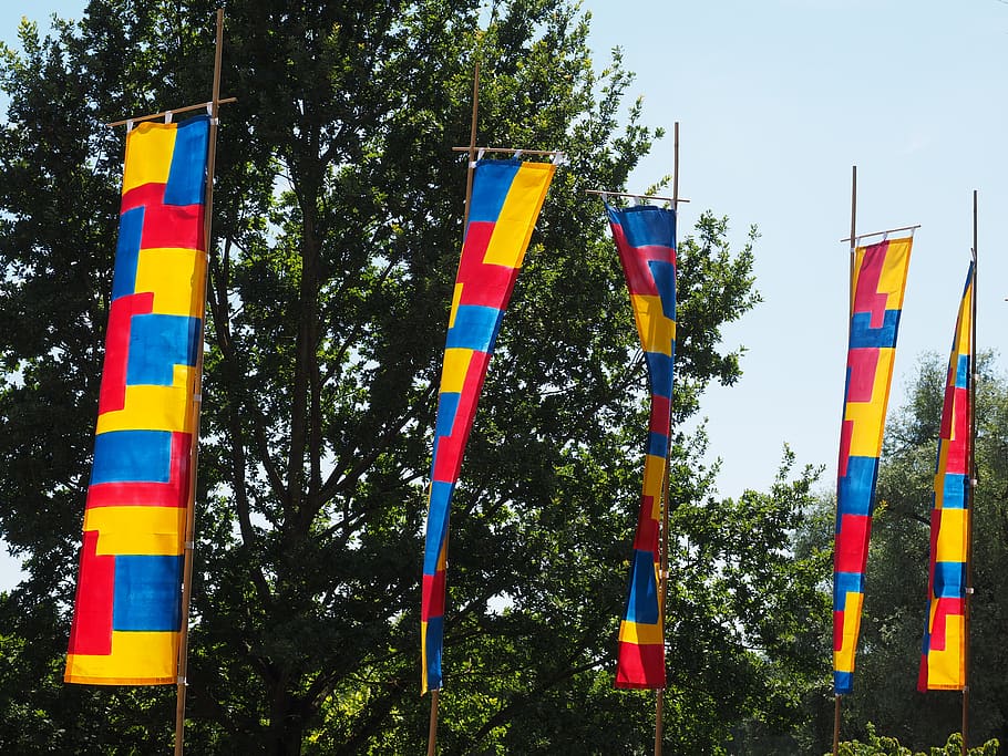 flags, colorful, blow, wind, flutter, blue, red, yellow, danube fixed HD wallpaper