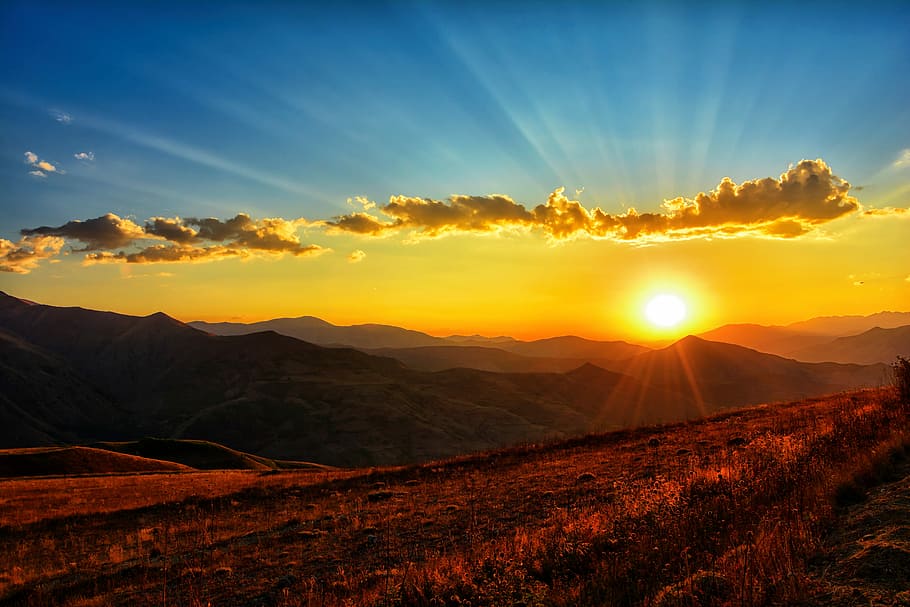 HD wallpaper: photo of brown mountain range during sunset, dawn, nature ...