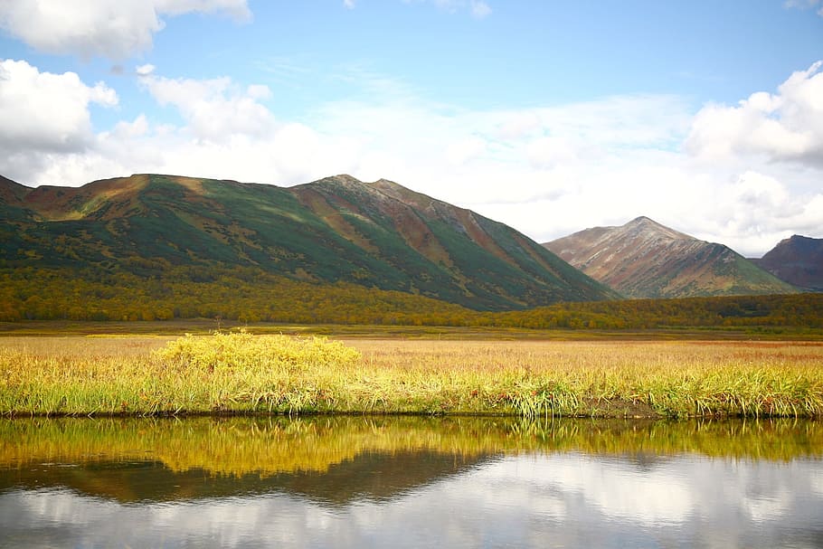 lake, mountains, sky, clouds, autumn, reflection, nature, landscape HD wallpaper