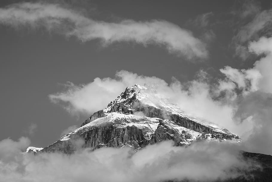 Swiss Alps Mountain View, altitude, black and white, clouds, cold HD wallpaper