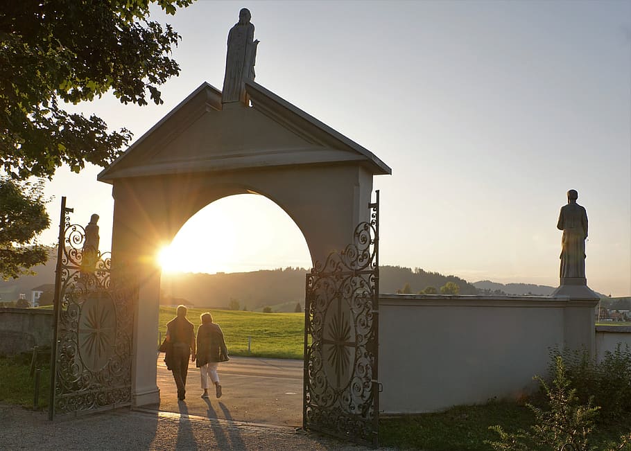 cemetery, einsiedeln, light, pair, sky, architecture, built structure HD wallpaper
