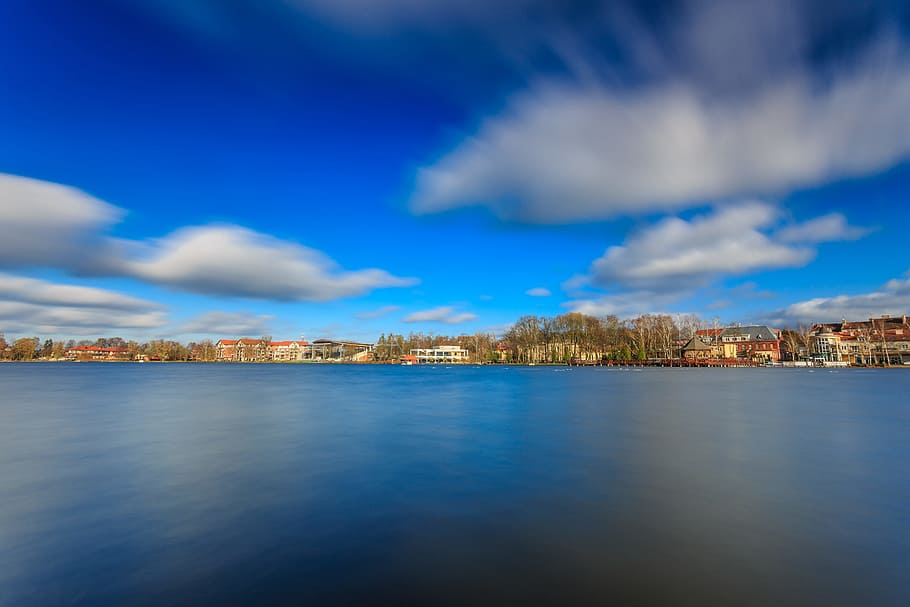 sky, clouds, blue, landscape, water, lake, ostróda, autumn HD wallpaper