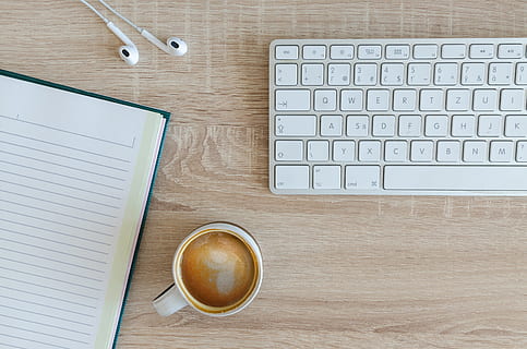 mug near computer keyboard, office, table, wood, work, business HD wallpaper