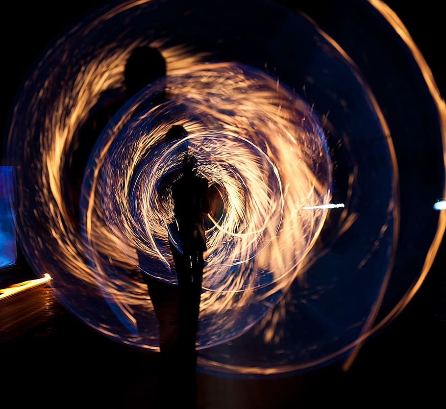 fire, night, human, show, light, motion, long exposure, illuminated HD wallpaper