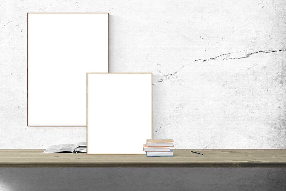 white wooden board on brown shelf, poster mockup, frame, template