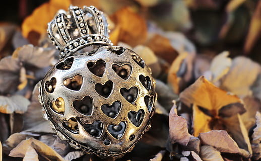 silver-colored encrusted heart and crown pendant selective focus photography HD wallpaper