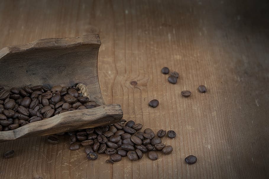 coffee beans on brown table, natural product, roasted, dark, caffeine
