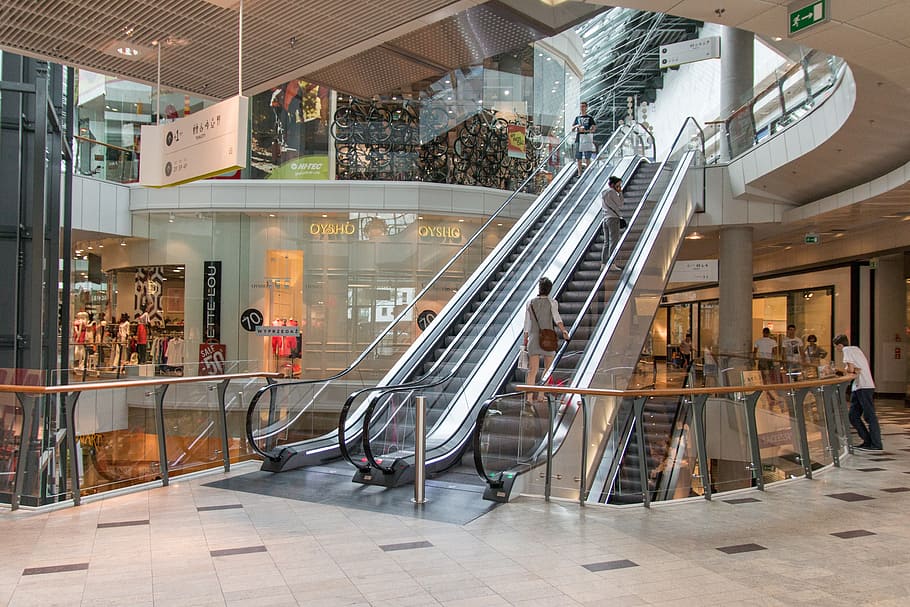 woman in gray dress, stairs, shopping mall, kielce, crown, poland, HD wallpaper