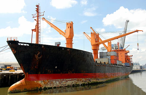 orange and black cargo ship, freighter, moored, savannah, sea HD wallpaper
