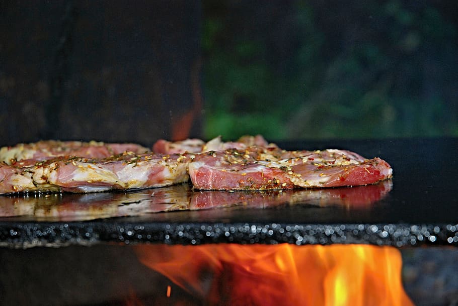 grilled meat at daytime, grilling, spices, fire, close-up, burning HD wallpaper