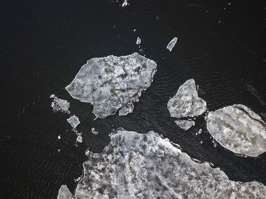 bird's eye view of iceberg, rock island on top view, water, melting HD wallpaper