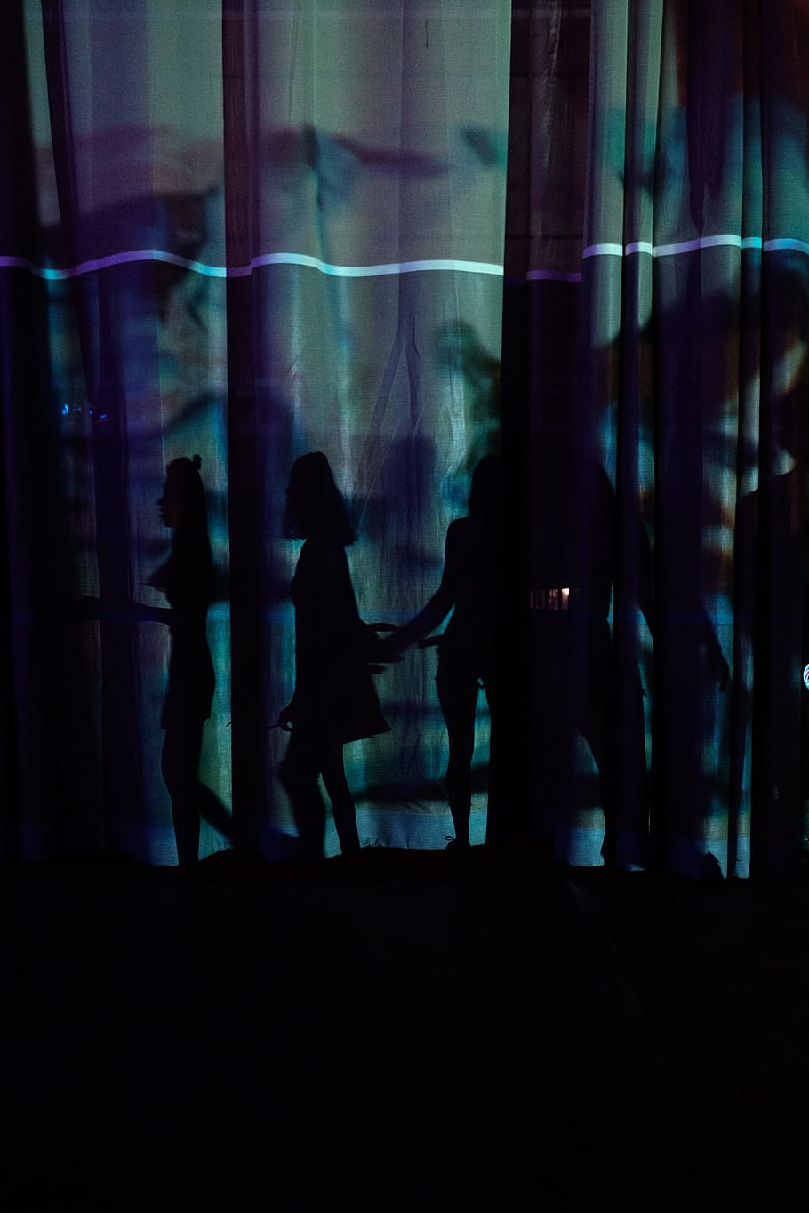 Silhouette, blue and multicolored window curtains, people, group Of People HD wallpaper