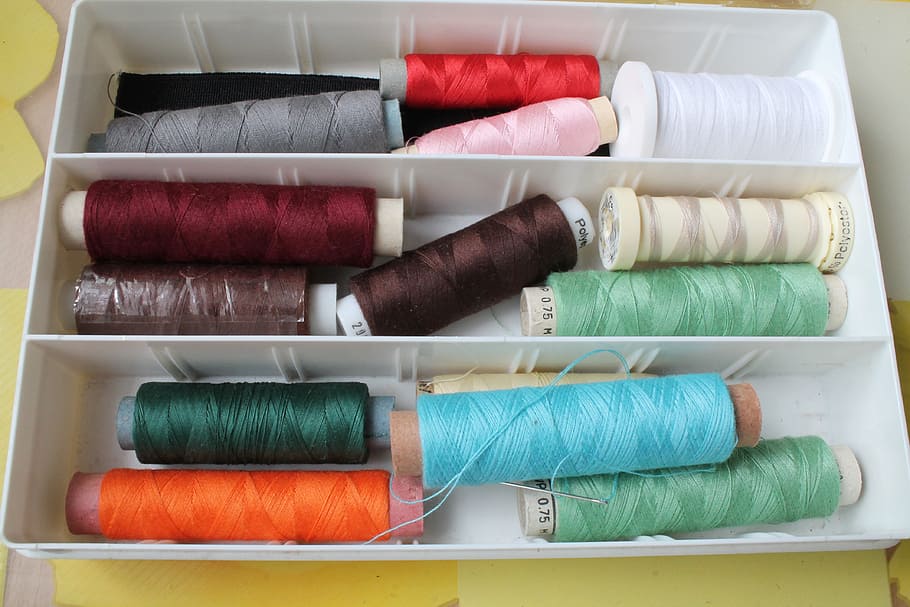 assorted-color thread spool lot in box, yarn, sew, house work HD wallpaper
