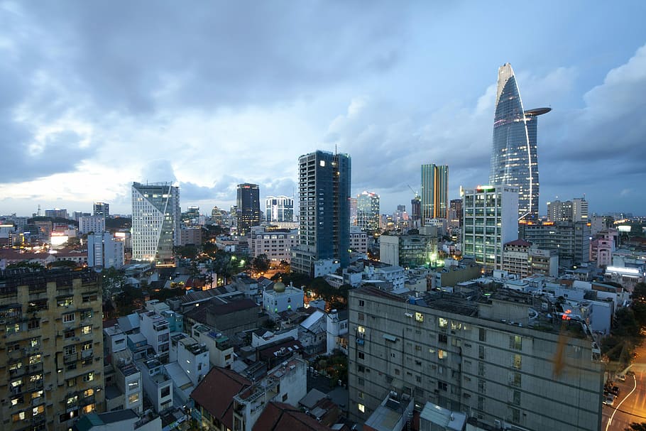 Skyline and Cityscape in Saigon, Vietnam, buildings, clouds, photos, HD wallpaper