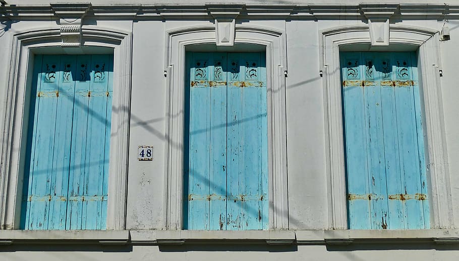 architecture, facade, shutters, window, blue, closed, building HD wallpaper