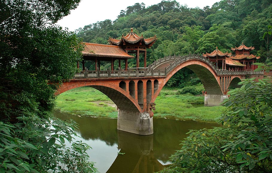 brown concrete bridge over river, leshan, china, architecture, HD wallpaper