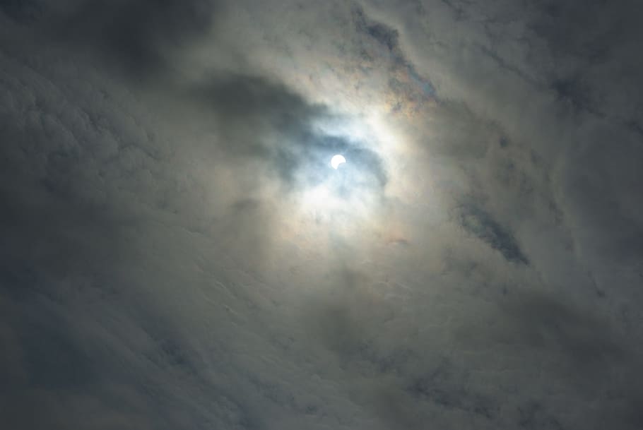 Solar Eclipse, Moon, Sun, Lunar, Sky, partial, cloudy, dark HD wallpaper