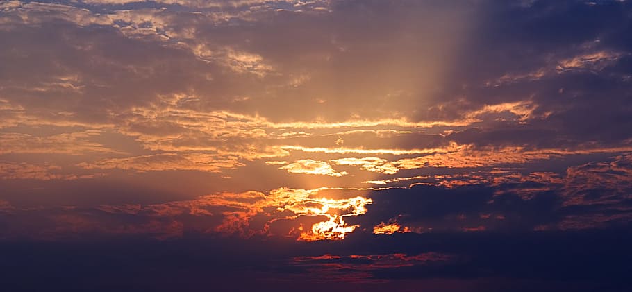 sunset, sky, clouds, fog, light beam, yellow, landscape, clouds form HD wallpaper