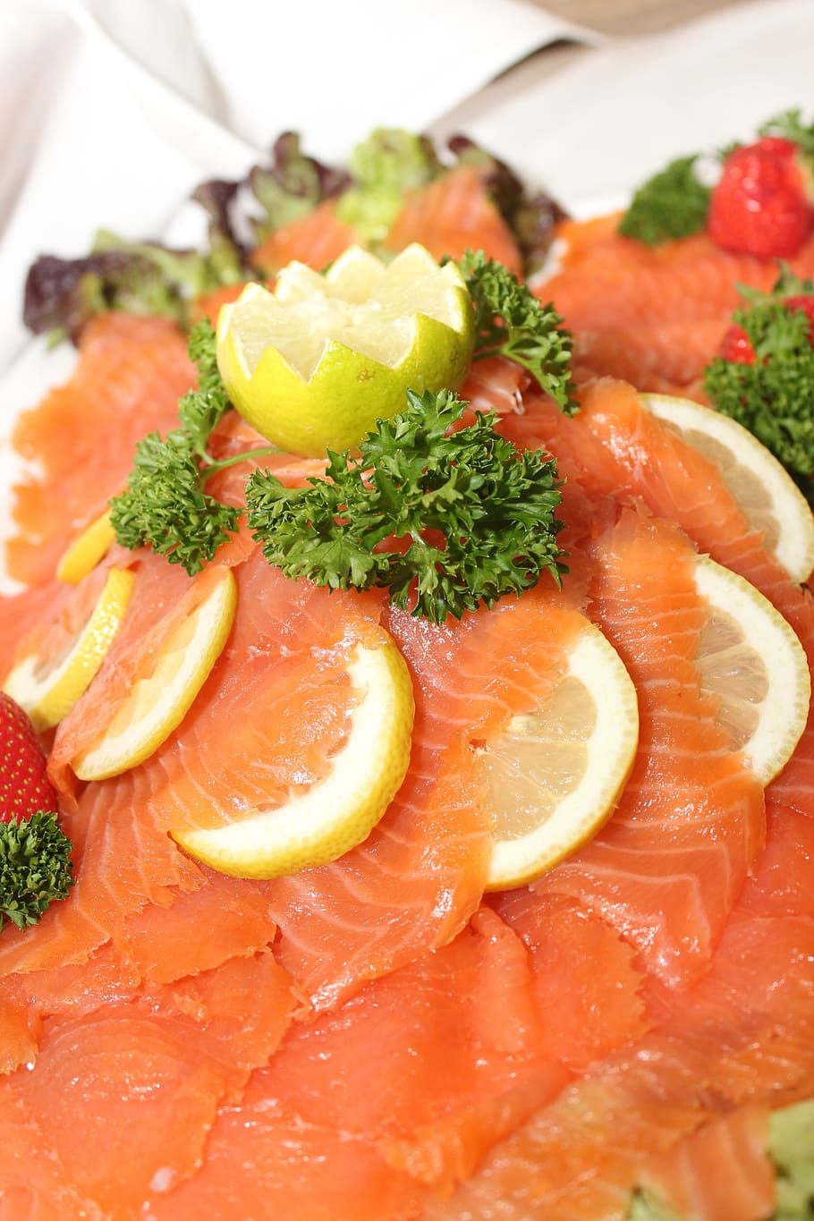 salmon, fish, buffet, cold buffet, lemon, parsley, salad, strawberries HD wallpaper